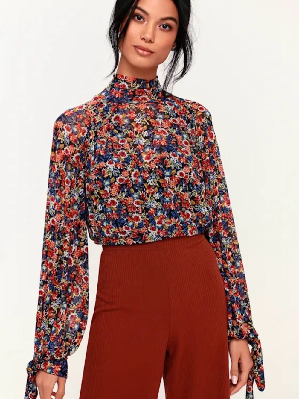 All Dolled Up Black Floral Print Mesh Long Sleeve Crop Top